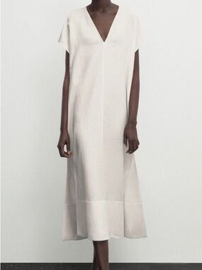 NWT MASSIMO DUTTI White Linen Cap Sleeve Minimalist V-Neck Midi Dress M/ L